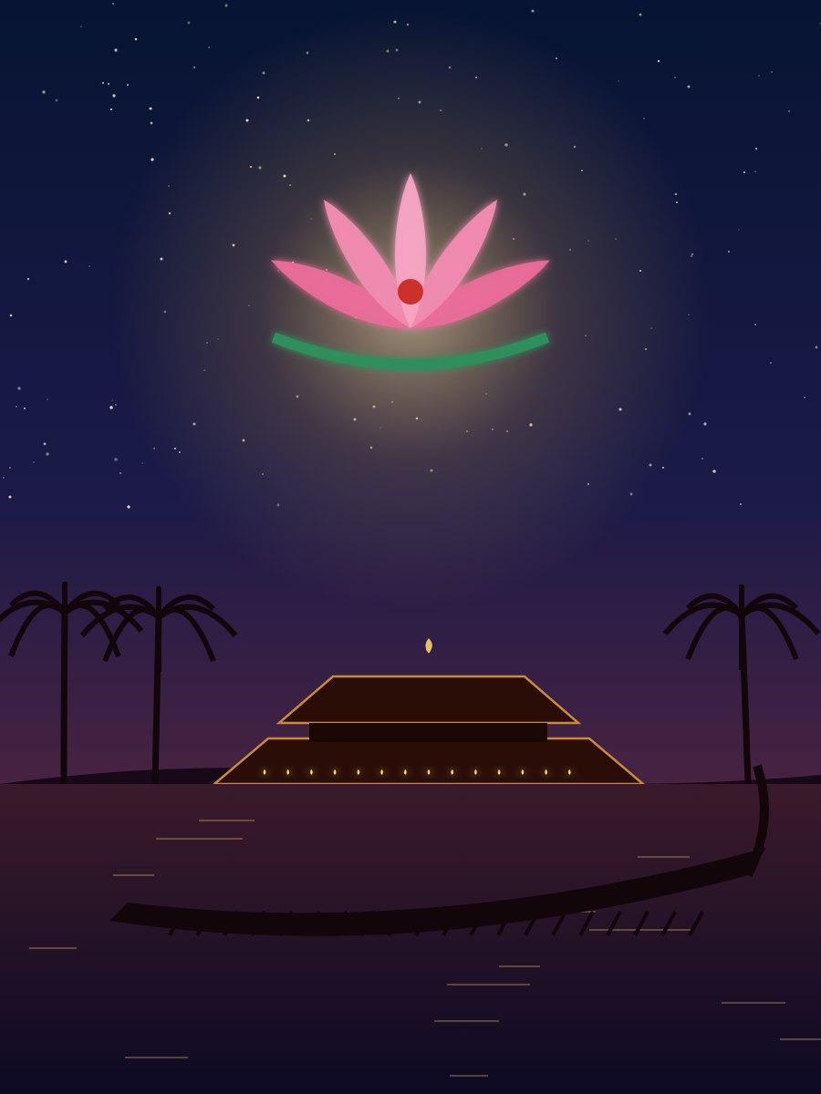 The Devi's emblem above the Killi river, with lamps lit along its bank